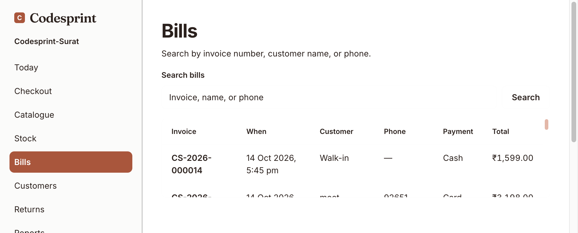 Vastra bills history with invoices and payments
