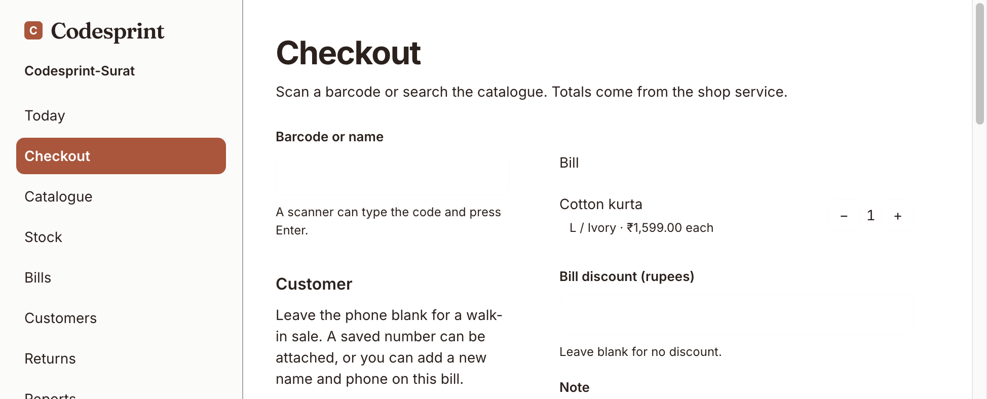 Vastra checkout with barcode search for kurtas