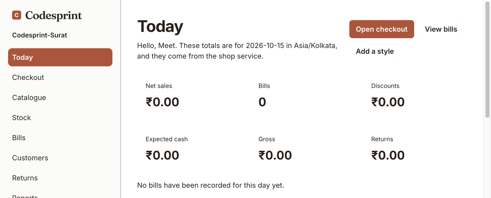 Vastra today dashboard with daily sales totals