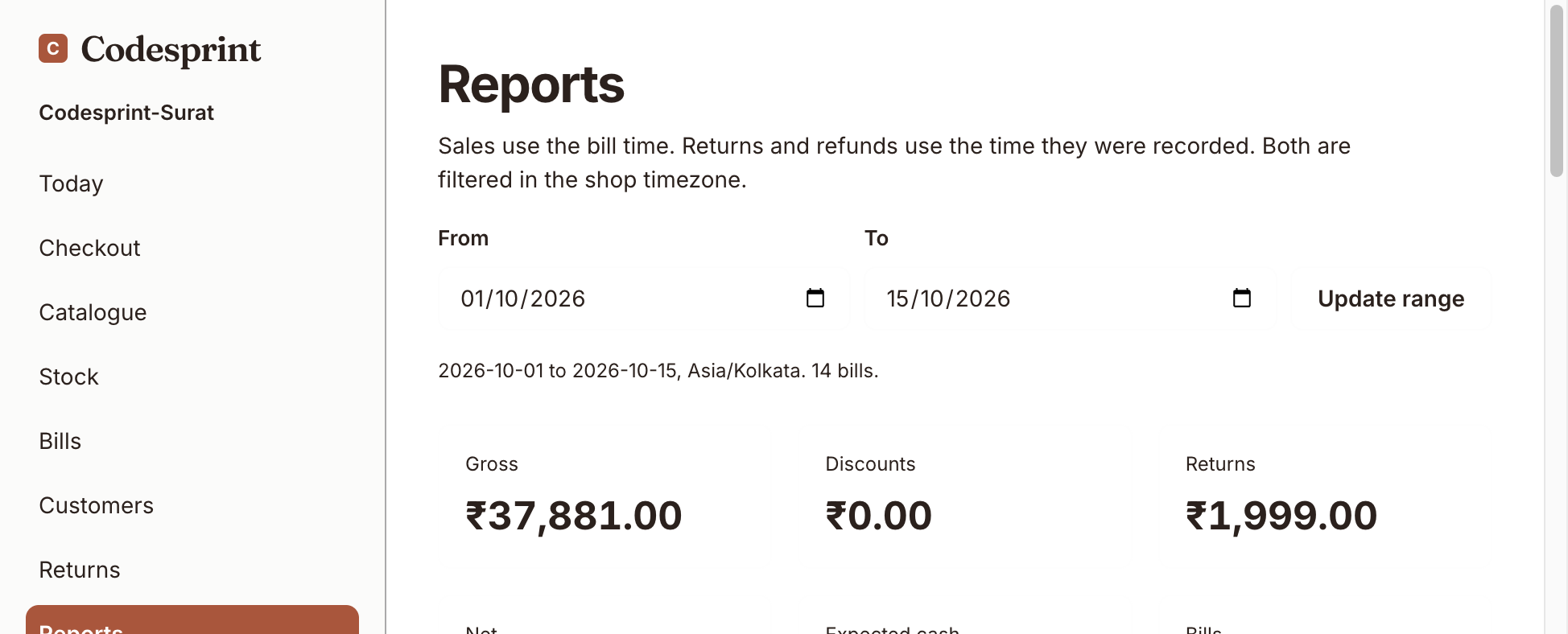 Vastra sales reports with gross discounts and returns